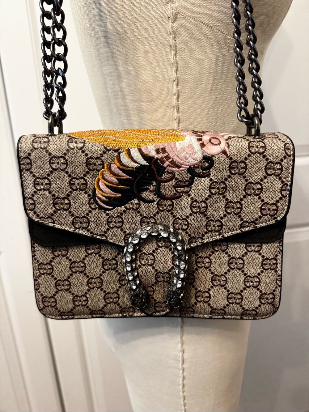 Fashion Monogram Crossbody Bag with Embroidered Insect Detail - Brown - Picture 2 of 9